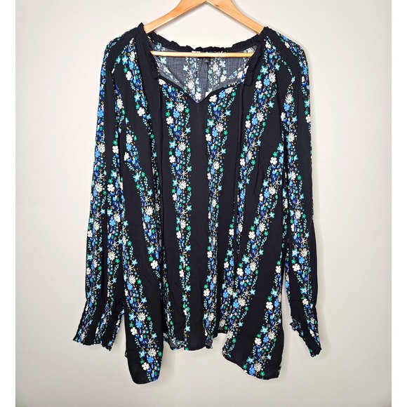 Talbots Tops - Talbots Blouse 3X Black Floral Peasant Puff Smocked Boho Tassels  Feminine Flowy